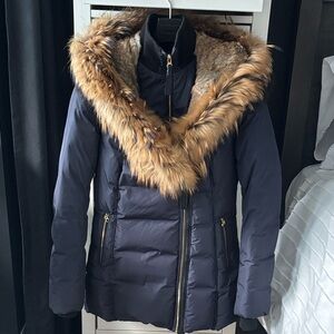 MACKAGE Navy Puffer with Fur Trim & Gold Accents
